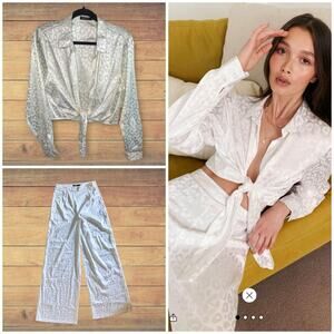 NASTY GAL TAKE MEOWT SATIN TIE BLOUSE AND TROUSER - WHITE LEOPARD